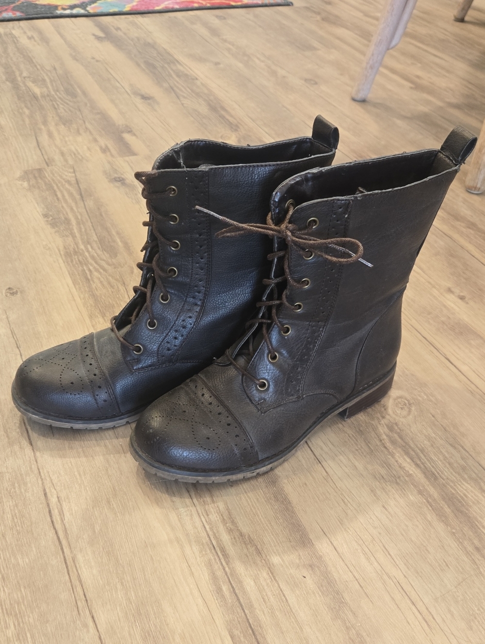 Nature Breeze Black Lace-Up Brogue Combat Boots Size 7